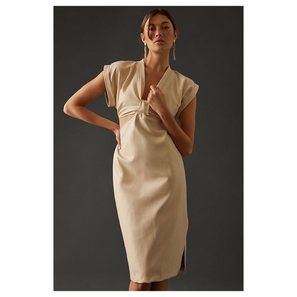 Anthropologie Eva Franco Ivory Midi Vegan Leather Cutout Dress - Picture 3 of 4